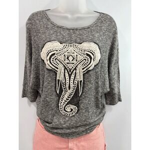 ING Elephant Graphic Knit Top Gray Oversized Boho Slouchy Sweater Size Large